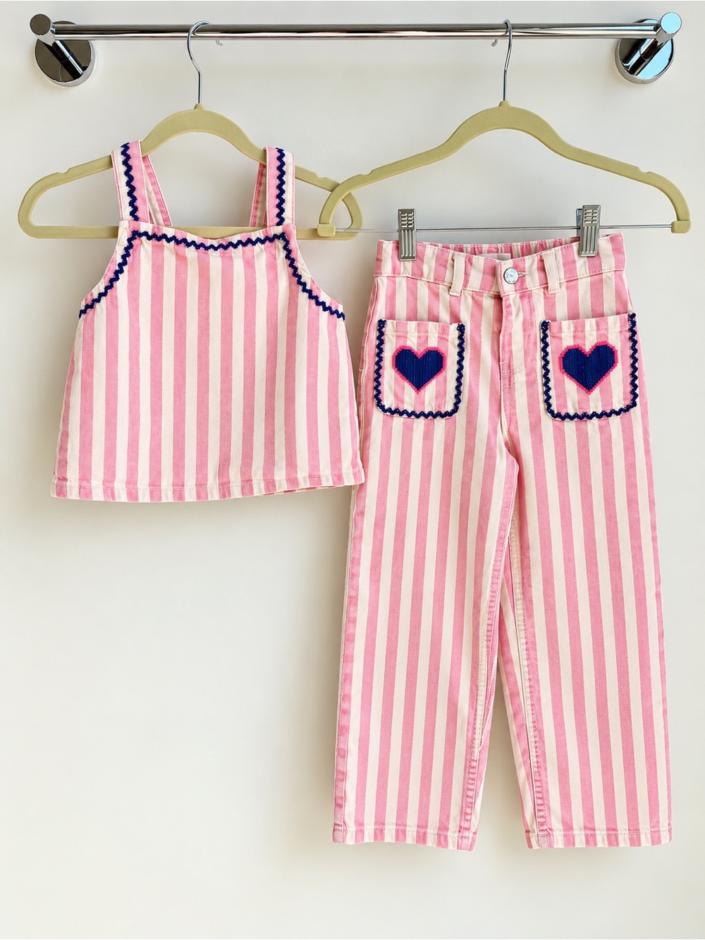 Zara Pink and White Striped Pajama Set with Navy Heart Accents